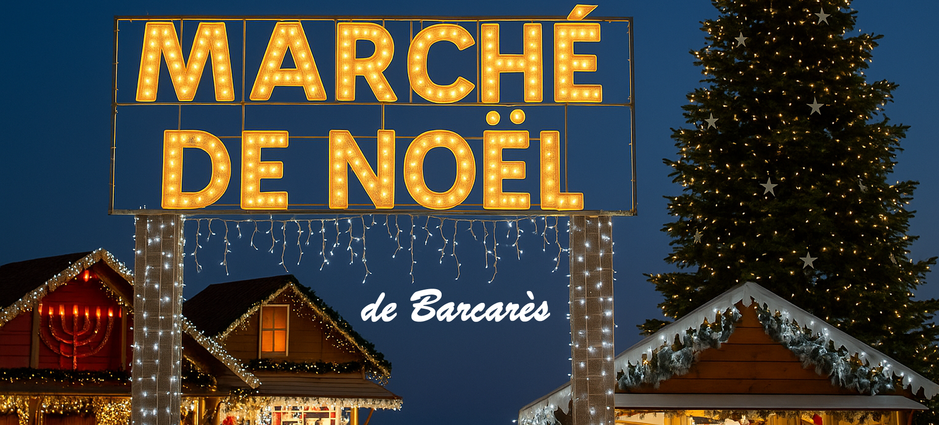 Vue panoramique du Village de Noël du Barcarès 2025-2026, chalets illuminés et patinoire en bord de mer