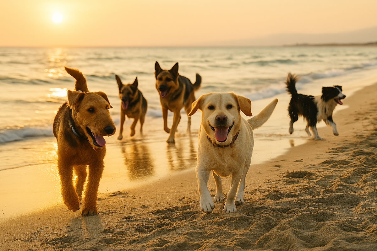 Chiens courant et jouant sur une plage au coucher du soleil à Canet-en-Roussillon