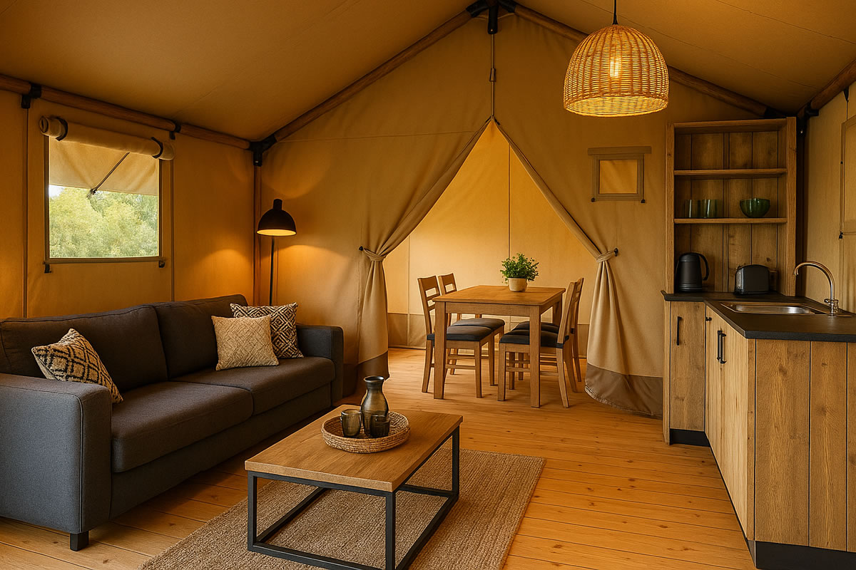Intérieur d’une tente lodge glamping avec salon, cuisine en bois et espace repas dans une ambiance chaleureuse