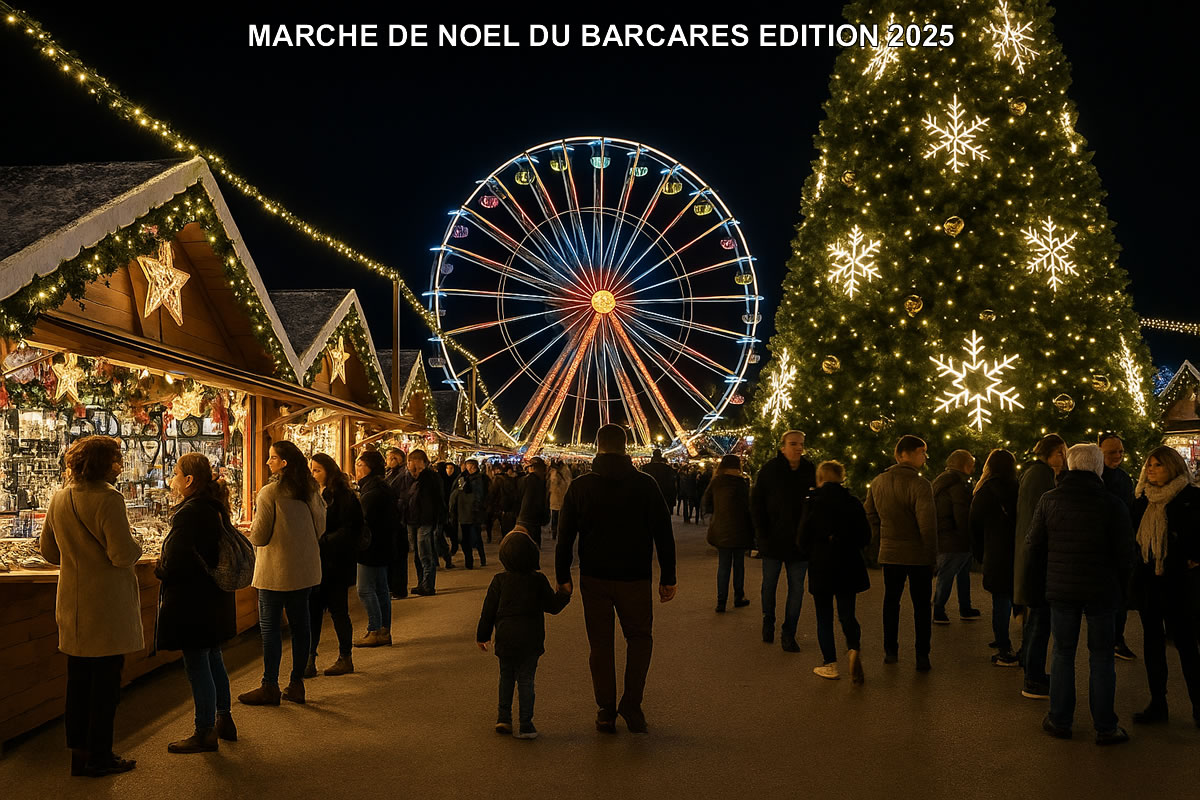Vue nocturne du marché de Noël du Barcarès avec la grande roue colorée, les chalets décorés, un immense sapin lumineux et les visiteurs profitant de l’ambiance festive. Idéal pour illustrer l’atmosphère chaleureuse de l’édition 2025