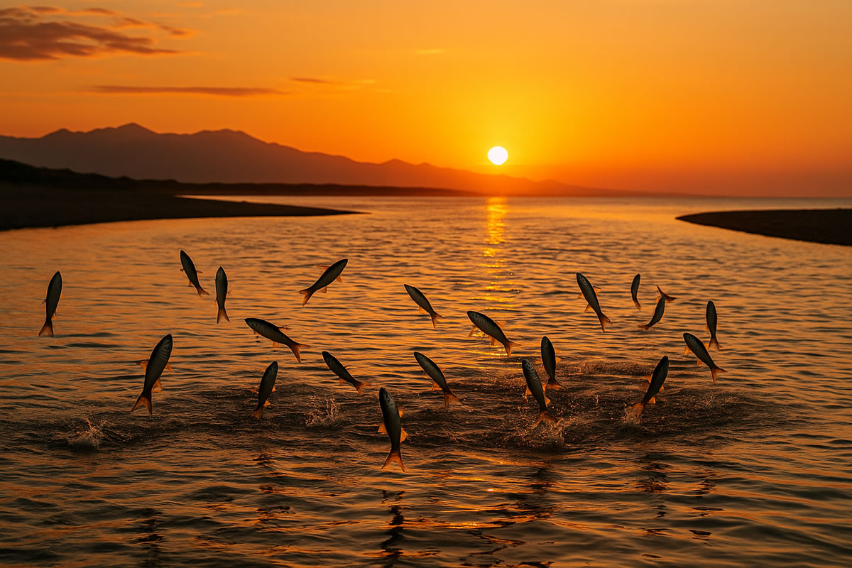 Poissons sautant hors de l’eau au coucher du soleil dans l’embouchure de la Têt
