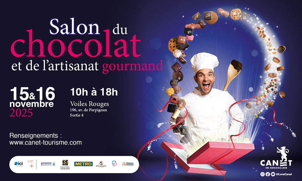 Image promotionnelle du Salon du Chocolat & de l’Artisanat Gourmand à Canet-en-Roussillon avec assortiments de chocolats.