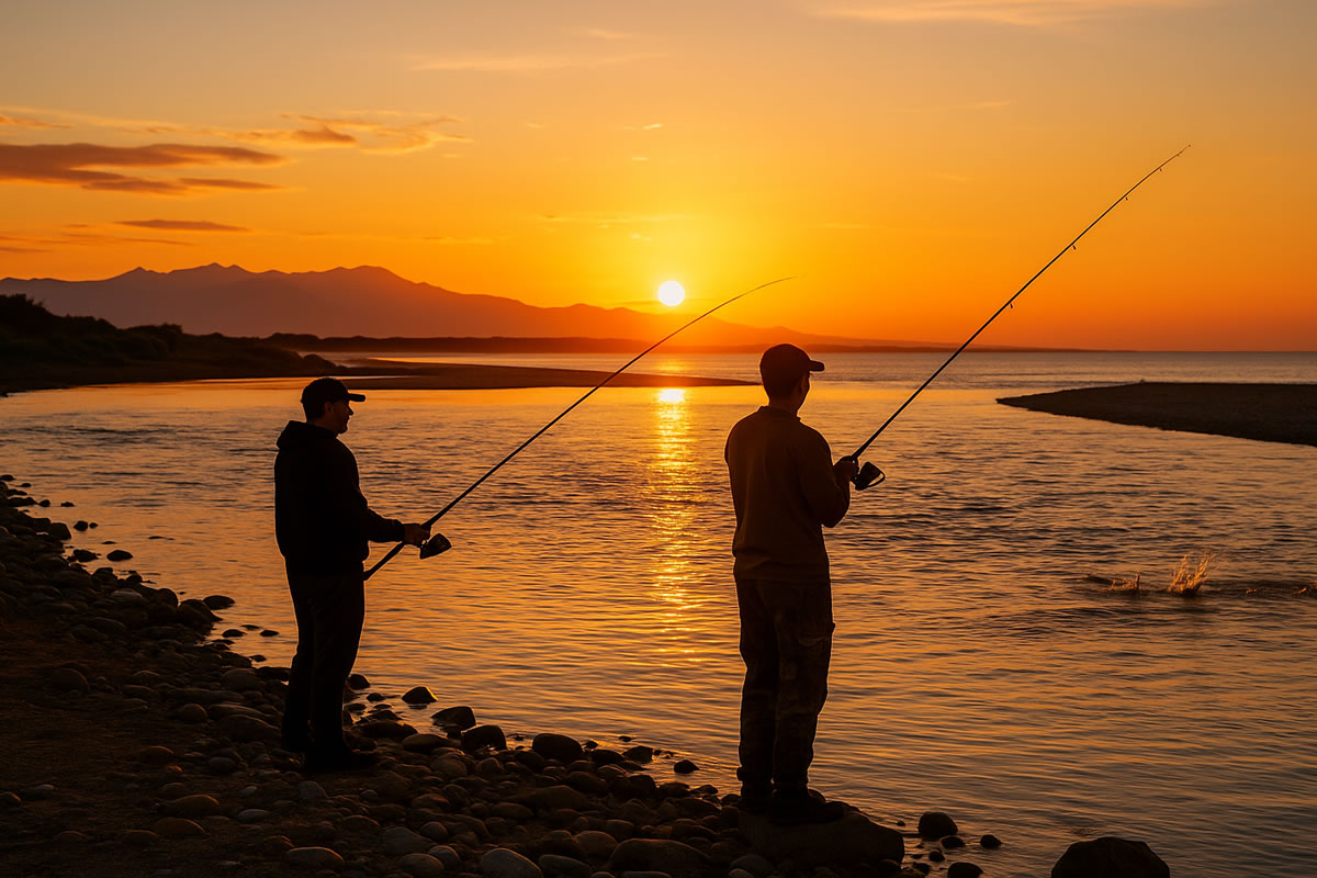 Deux pêcheurs au bord de la Têt au coucher du soleil, spot de pêche près de Canet-en-Roussillon