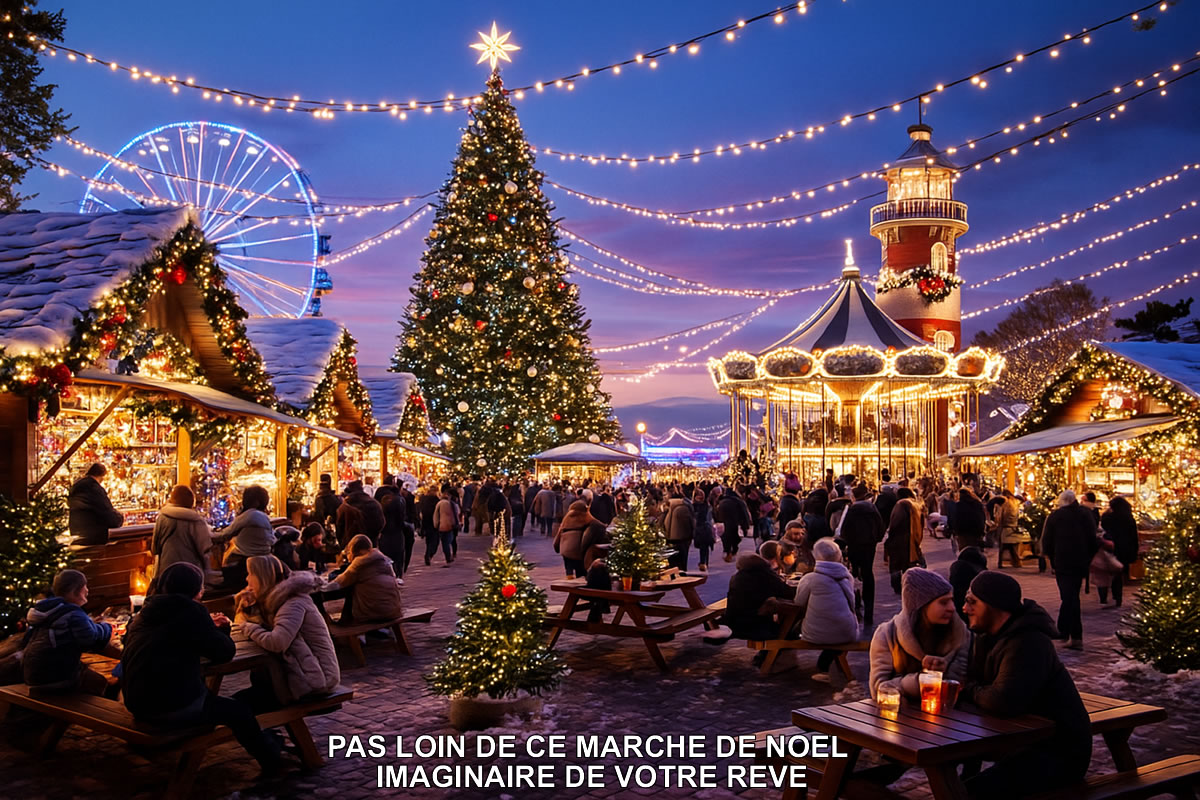 Scène du marché de Noël du Barcarès en bord de mer avec chalets illuminés, couples dégustant des boissons chaudes, palmiers décorés, grande roue au loin et ambiance chaleureuse au crépuscule. Parfait pour illustrer un séjour hivernal et romantique au Barcarès