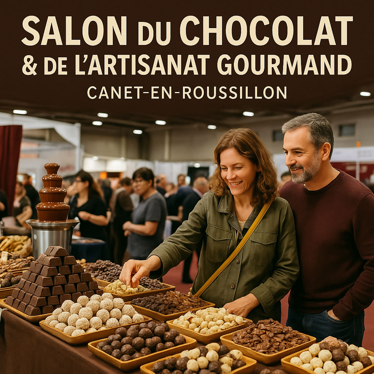 Vue aérienne d’un assortiment de chocolats artisanaux au Salon du Chocolat de Canet-en-Roussillon.