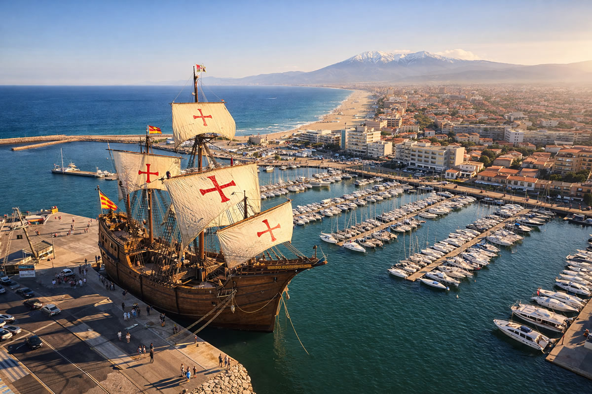 Vue aérienne du port de Canet-en-Roussillon avec le Nao Santa Maria et les bateaux de plaisance