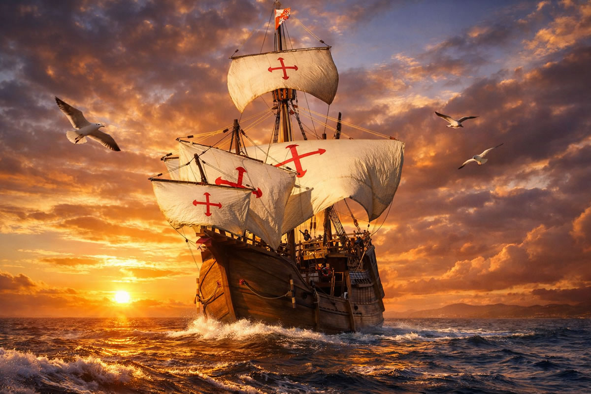 Réplique du Nao Santa Maria naviguant en mer, célèbre bateau historique de Christophe Colomb