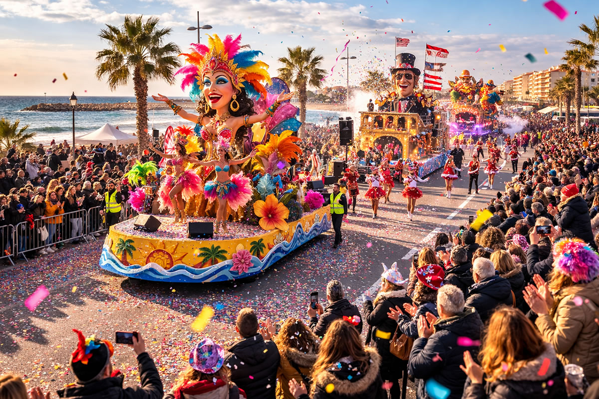 Affiche du Carnaval du Barcarès 2026 avec ambiance festive et décor méditerranéen