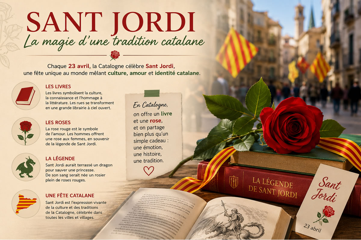 Symboles de la fête de Sant Jordi avec rose rouge, livres et tradition catalane