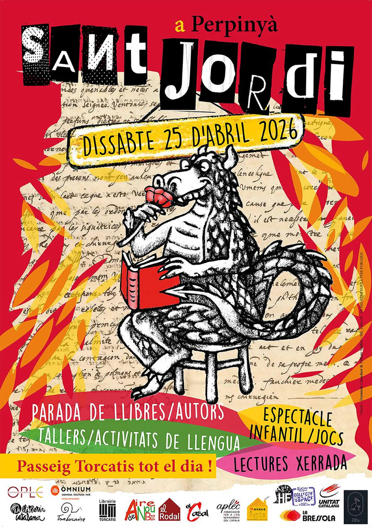 Affiche touristique de la fête de Sant Jordi à Canet-en-Roussillon avec roses, livres et promenade méditerranéenne