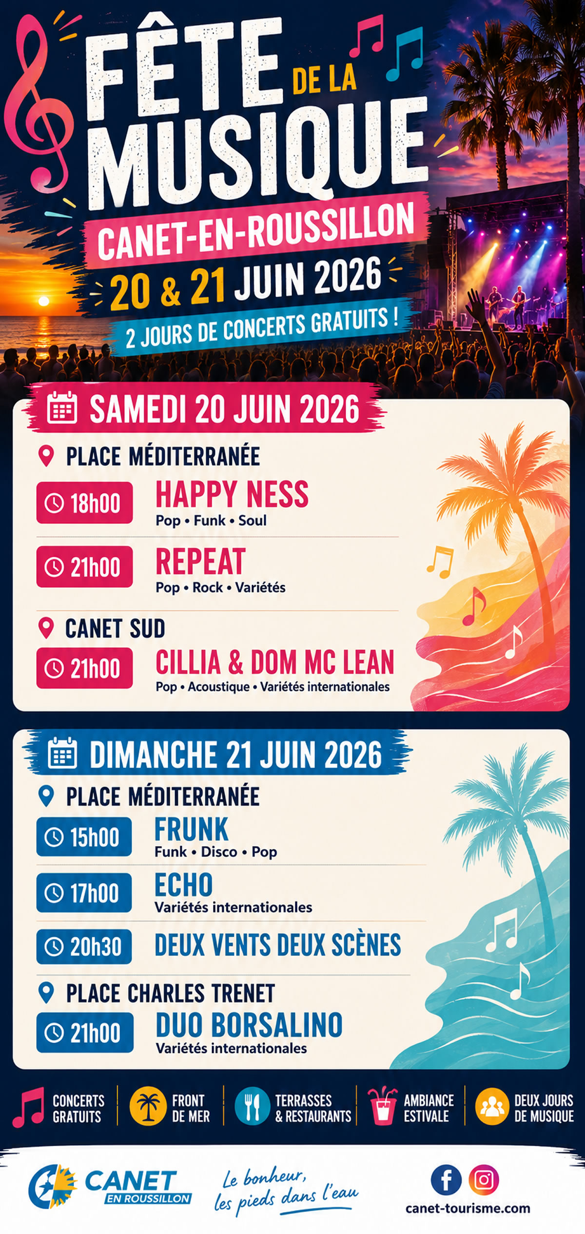 Fête de la Musique 2026 à Canet-en-Roussillon programme complet des concerts des 20 et 21 juin