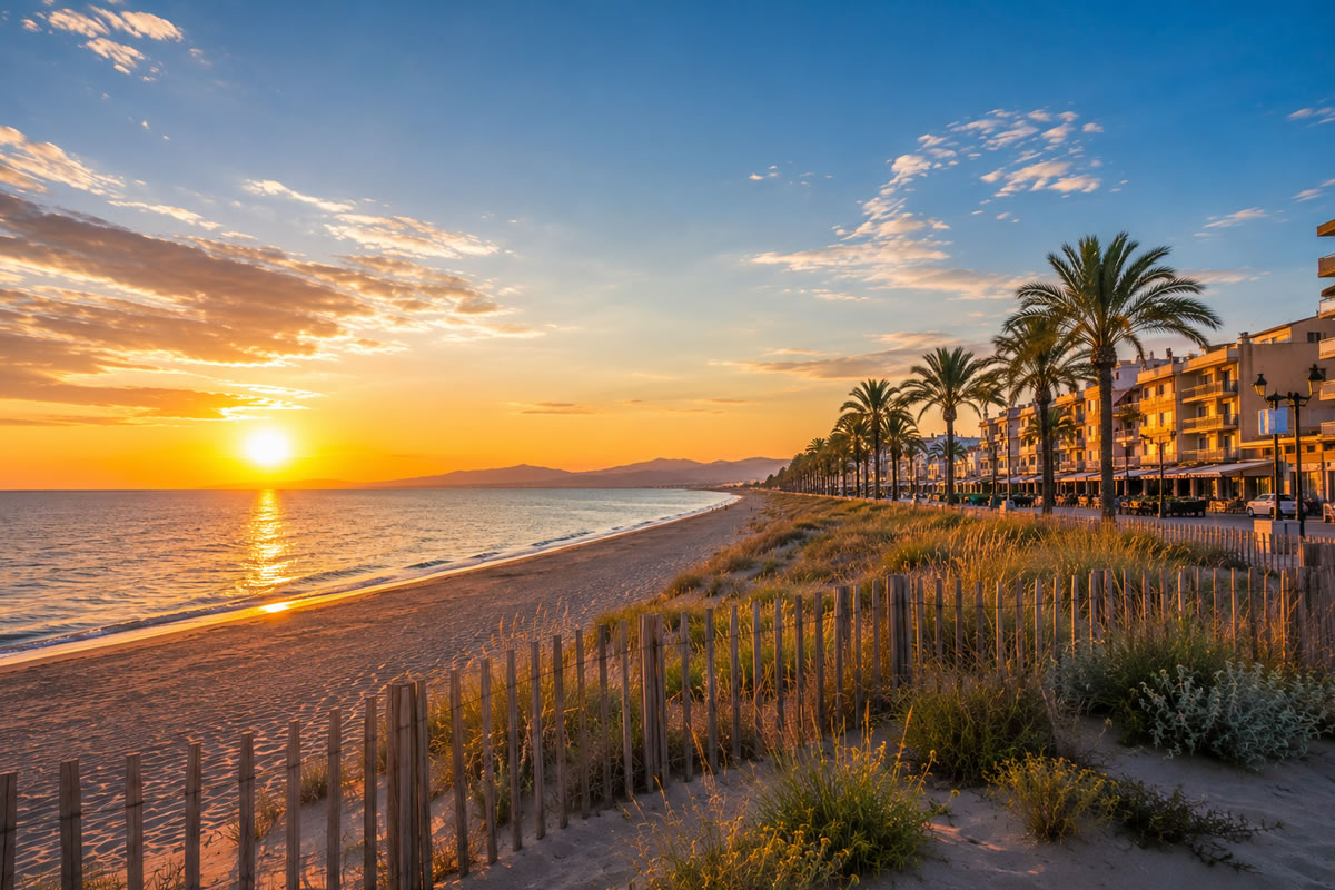 Vue réaliste de la plage de Canet-en-Roussillon au coucher du soleil avec la Méditerranée, les dunes, les palmiers et le front de mer
